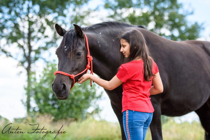 Op ontspannen wijze maakt een kind contact met een pony.
