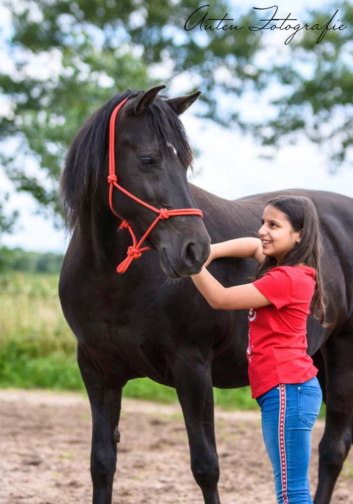Kind raakt pony aan en maakt op ontspannen wijze contact met pony.